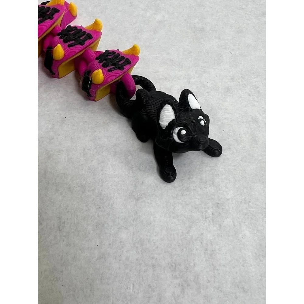 3D Printed Articulated Salem Sister Dragon Toy Magenta Yellow Black Cat Tail